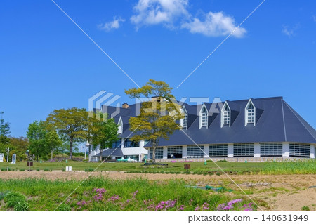 歐式建築和鬱鬱蔥蔥的樹木在藍天的映襯下格外醒目。 歐式建築和鬱鬱蔥蔥的樹木在藍天的映襯下格外醒目。 140631949