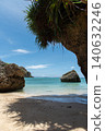 Emerald green beach with tropical plants hanging from the rocks at the water's edge. 140632246
