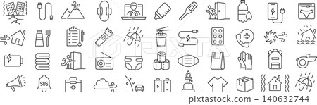 A set of monochrome vector line art icons related to disaster relief supplies. A set of monochrome vector line art icons related to disaster relief supplies. 140632744