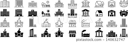 A set of vector line drawings and silhouette icons related to monochrome buildings. A set of vector line drawings and silhouette icons related to monochrome buildings. 140632747
