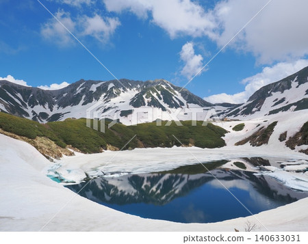 The Tateyama mountain range reflected in Mikurigaike Pond 140633031