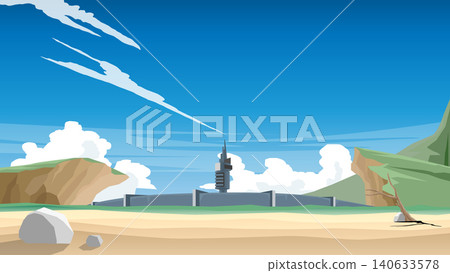 Fantasy vector landscape showing a dark central tower fortress structure framed by rocky cliffs and sandy shores. A vibrant blue sky with sharp wispy clouds hangs over the horizon line. Fantasy vector landscape showing a dark central tower fortress structure framed by rocky cliffs and sandy shores. A vibrant blue sky with sharp wispy clouds hangs over the horizon line. 140633578