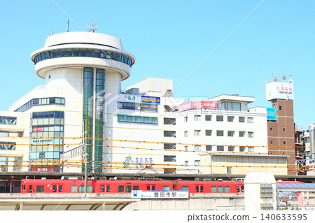 A train stops at Meitetsu Toyotashi Station in Toyota City, Aichi Prefecture A train stops at Meitetsu Toyotashi Station in Toyota City, Aichi Prefecture 140633595