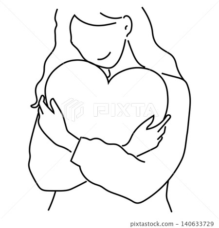 A woman gently embracing a large heart: A line drawing representing self-love and compassion. A woman gently embracing a large heart: A line drawing representing self-love and compassion. 140633729