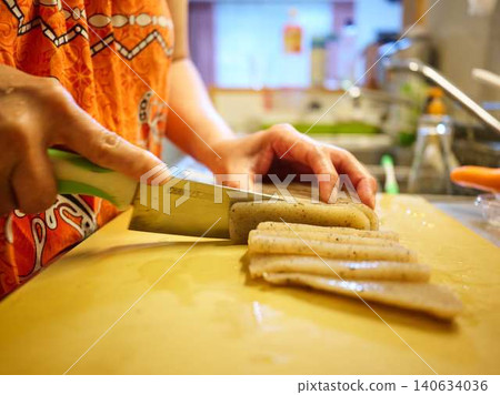 Preparing oden: Konjac (a type of jelly made from konjac root) Preparing oden: Konjac (a type of jelly made from konjac root) 140634036