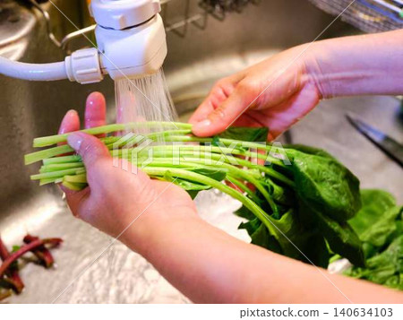 Woman washing spinach 140634103