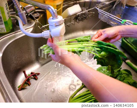 Woman washing spinach Woman washing spinach 140634105