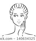 A woman smiling with her hand on her cheek (Beauty, Skincare) - Line drawing illustration 140634325