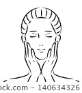 A woman with both hands on her cheeks and her eyes closed (Beauty, skincare) - Line drawing illustration 140634326