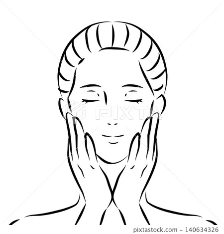 A woman with both hands on her cheeks and her eyes closed (Beauty, skincare) - Line drawing illustration 140634326
