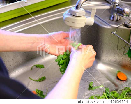 Woman washing spinach Woman washing spinach 140634534
