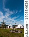 A dome tent at a glamping facility with a clear blue sky and cirrus clouds. 140634636