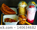 Concept of food delivery drinks and waffles from a coffee shop 140634682