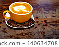 Cup of coffee decorated with a heart and coffee beans transparent dark background 140634708