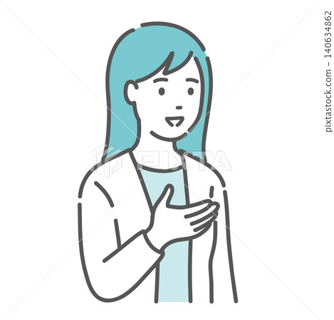 一幅描繪一位面帶微笑並用手勢說話的女性的插圖。 140634862