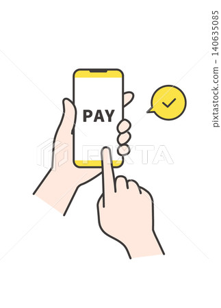 Illustration of cashless payment by tapping the "PAY" button on a smartphone (yellow, hand, operation material) Illustration of cashless payment by tapping the "PAY" button on a smartphone (yellow, hand, operation material) 140635085