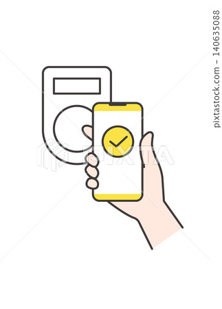 An illustration showing a smartphone screen being touched to a dedicated terminal to complete a payment (yellow, cashless, contactless material). An illustration showing a smartphone screen being touched to a dedicated terminal to complete a payment (yellow, cashless, contactless material). 140635088