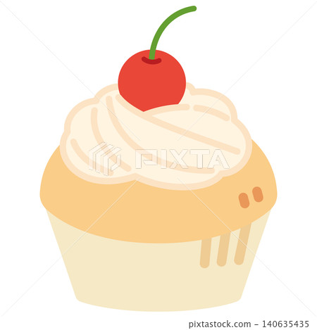 An illustration of a cupcake topped with whipped cream and a cherry. 140635435