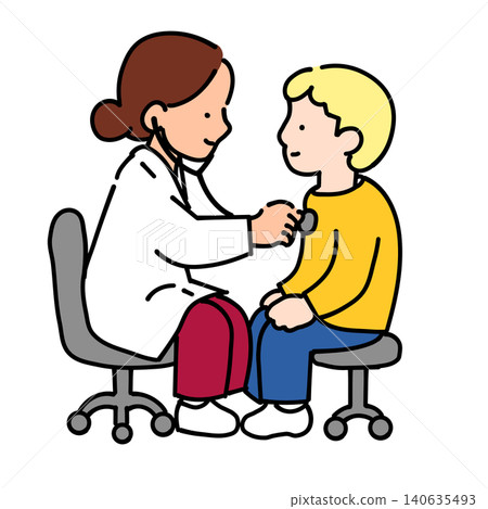 A female doctor examines a young boy patient with a stethoscope (pediatrics). A female doctor examines a young boy patient with a stethoscope (pediatrics). 140635493