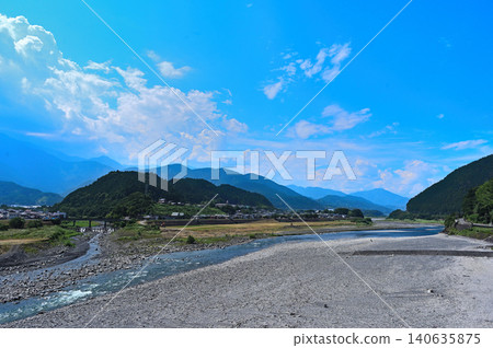 廣闊的河床景觀，清澈的溪流從中流過，周圍環繞著湛藍的天空和雄偉的山脈。 140635875