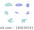 A set of watercolor-style illustrations of birds and cloud silhouettes in soft, cool colors. 140636543