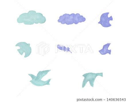 A set of watercolor-style illustrations of birds and cloud silhouettes in soft, cool colors. 140636543
