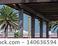 Palm trees and the park scenery visible through the wooden pillars of the gazebo. 140636594