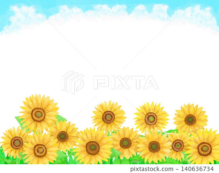 Background illustration featuring a sky full of cumulonimbus clouds and a field of sunflowers stretching out above and below. Background illustration featuring a sky full of cumulonimbus clouds and a field of sunflowers stretching out above and below. 140636734