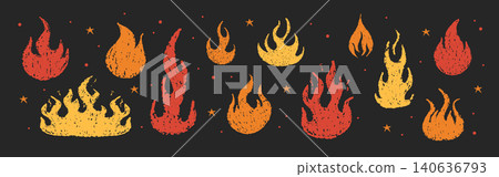 Pencil or crayon grunge texture of burning fire. Set of wax flame stickers. Vector collection 140636793