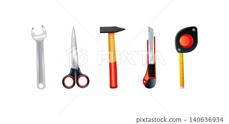 Set of 3d construction tools including hammer, measurement tape, saw, drill etc Set of 3d construction tools including hammer, measurement tape, saw, drill etc 140636934