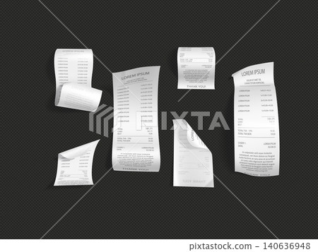 Set of realistic cash register sales receipt. cash receipt printed white paper or printout thermal rolled paper Set of realistic cash register sales receipt. cash receipt printed white paper or printout thermal rolled paper 140636948