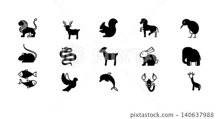 Zoo animal icons collection including lion, deer, tiger, elephant, turtle, squirel Zoo animal icons collection including lion, deer, tiger, elephant, turtle, squirel 140637988