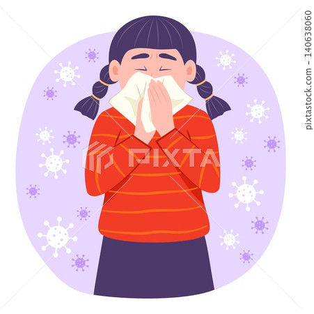 Sick Kid Girl Blowing Nose into Handkerchief and Flu Virus Around Her for Fever and Illness Concept Illustration Clip Art Sick Kid Girl Blowing Nose into Handkerchief and Flu Virus Around Her for Fever and Illness Concept Illustration Clip Art 140638060