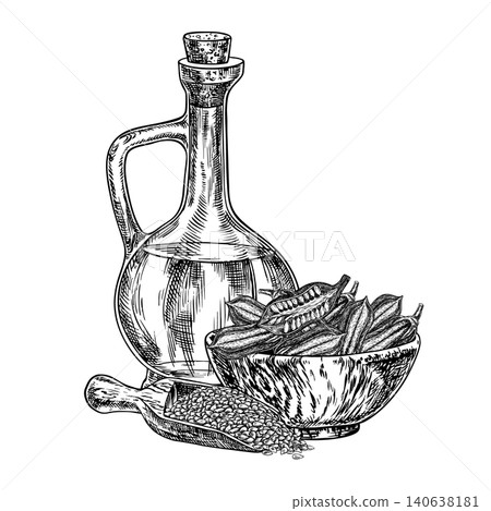 Sesame oil in a bottle, pods in a wooden bowl, and seeds in a scoop. Black and white vector graphics. Hand-drawn illustrations. Perfect for labels, product packaging, posters, menus, and more. Sesame oil in a bottle, pods in a wooden bowl, and seeds in a scoop. Black and white vector graphics. Hand-drawn illustrations. Perfect for labels, product packaging, posters, menus, and more. 140638181