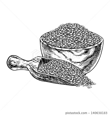 Grits, seeds, grains, or spices in a wooden bowl. Black and white vector graphics. Hand-drawn illustration. On a white background. Ideal for creating labels, packaging, posters, menus, and more. Grits, seeds, grains, or spices in a wooden bowl. Black and white vector graphics. Hand-drawn illustration. On a white background. Ideal for creating labels, packaging, posters, menus, and more. 140638183