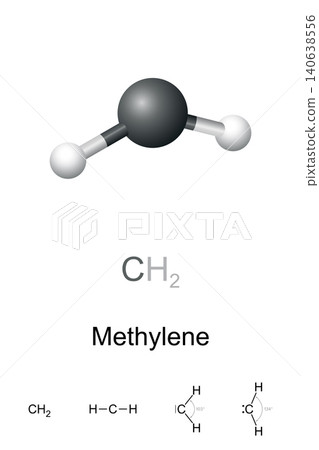Methylene, carbene, CH2, chemical formula, molecular structure, and ball-and-stick model. Also called methylidene, or methene, an organic compound and simplest carbene. Isolated illustration. Vector Methylene, carbene, CH2, chemical formula, molecular structure, and ball-and-stick model. Also called methylidene, or methene, an organic compound and simplest carbene. Isolated illustration. Vector 140638556