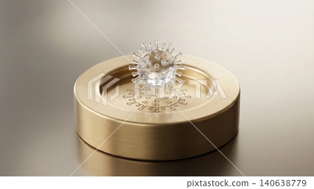Transparent 3d virus model resting on a polished golden pedestal with an engraved icon representing medical research Transparent 3d virus model resting on a polished golden pedestal with an engraved icon representing medical research 140638779