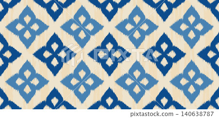 Ethnic ikat seamless pattern with geometric blue ornament. Abstract oriental traditional print with rug texture. Vector tribal decorative background 140638787