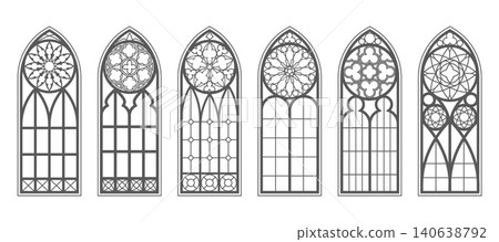Gothic church windows. Cathedral arch frames with stained glass. Medieval vector silhouettes of antique architecture decoration. Simple outline design elements on white background 140638792