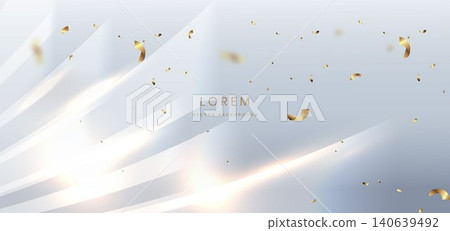 Elegant luxury background featuring soft white gradient with curved light rays and floating golden confetti pieces. Elegant luxury background featuring soft white gradient with curved light rays and floating golden confetti pieces. 140639492