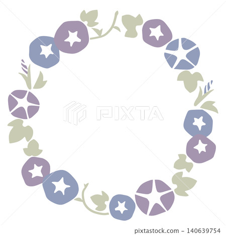 A Japanese modern style circular frame featuring morning glory illustrations in cute, muted colors. 140639754