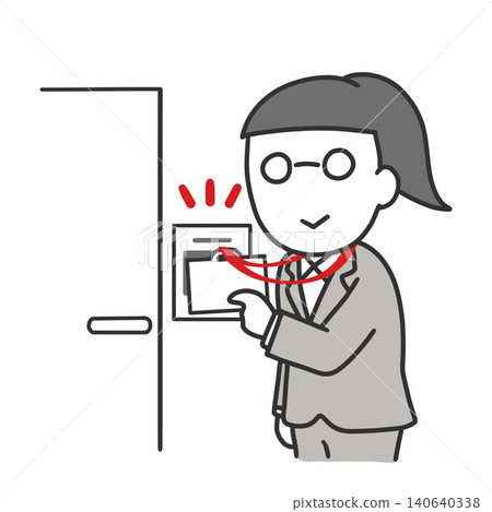 A woman in a suit holds up her entry/exit card. 140640338