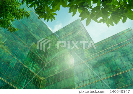 Eco-friendly building in the modern city. Sustainable glass office building with tree for reducing heat and carbon dioxide. Office building with green environment. Corporate building reduce CO2. Eco-friendly building in the modern city. Sustainable glass office building with tree for reducing heat and carbon dioxide. Office building with green environment. Corporate building reduce CO2. 140640547