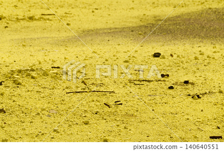 Sulfur powder on floor. Toxic waste from industry. Yellow powder of sulfur or sulphur. Toxic waste management for safety in factory concept. Chemical substance. 140640551