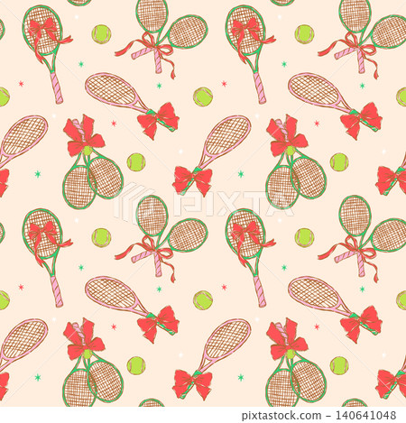 Seamless Pattern Coquette Tennis Racket Red Bow Girly Green Pink Hand Drawn Retro Vintage Wallpaper Isolated Feminine Repeat Design Seamless Pattern Coquette Tennis Racket Red Bow Girly Green Pink Hand Drawn Retro Vintage Wallpaper Isolated Feminine Repeat Design 140641048