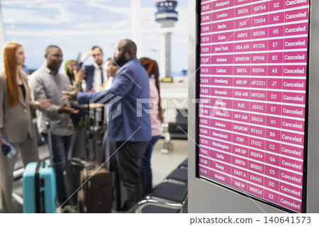 Diverse passengers panicking inside international airport terminal after all flights cancelled, shown in red on departures information board. Travelers appear angry by disrupted travel plans. 140641573