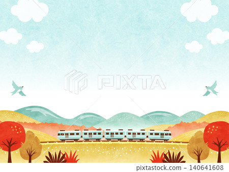 A train and autumn foliage in a beautiful autumn landscape; a watercolor illustration of nature against a clear blue autumn sky. A train and autumn foliage in a beautiful autumn landscape; a watercolor illustration of nature against a clear blue autumn sky. 140641608