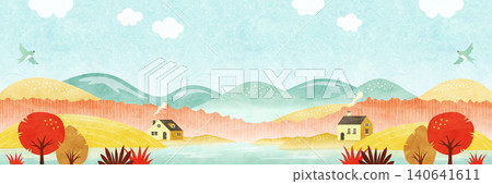 秋葉湖景水彩橫幅背景:水邊的房子和藍天。 秋葉湖景水彩橫幅背景:水邊的房子和藍天。 140641611