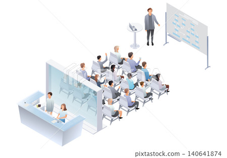 Isometric corporate conference scene with speaker presentation and reception desk staff. Vector illustration. 140641874