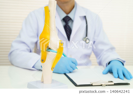Asian doctor holding human ear model to learn and treat hearing loss in patient. 140642241